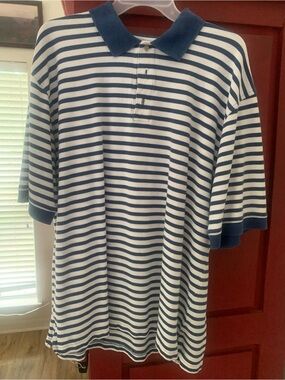 Striped Navy and White Polo Shirt - Classic Men’s Casual. Size XL